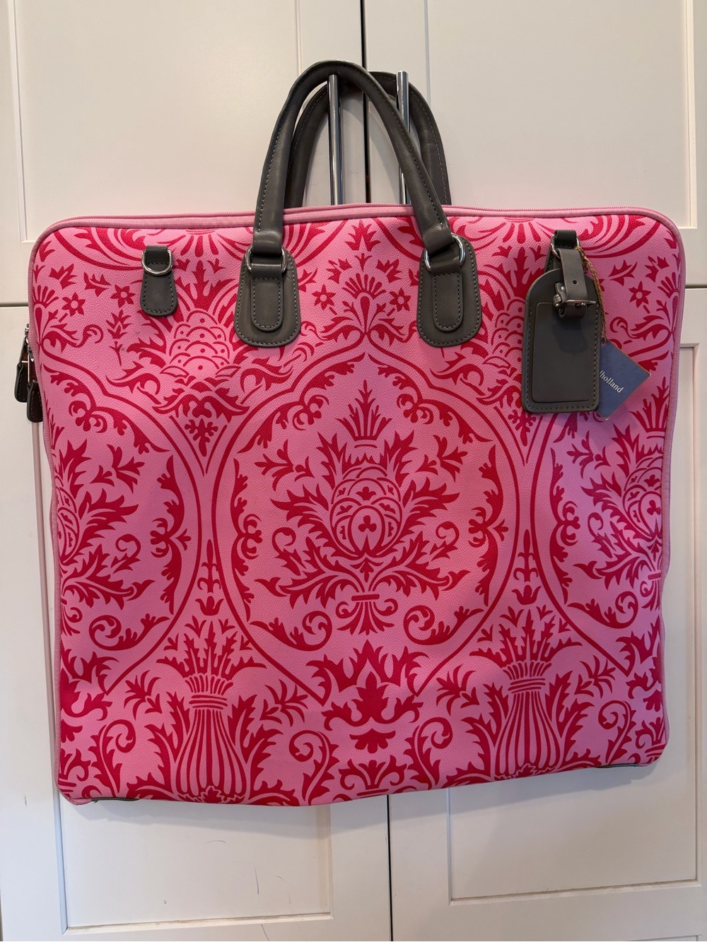 Pink Damask Travel Tote with Dark Gray Handles